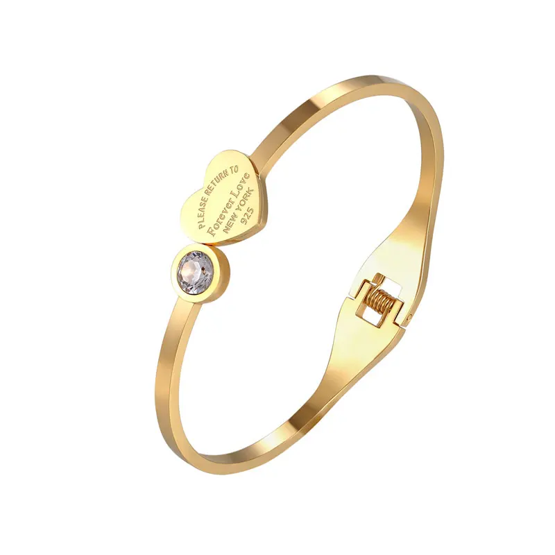 

Open Spring Bangle Crystal And Engraving Forever Love Heart Brand Bangle For Women High Quality Titanium Steel Jewelry For Gift