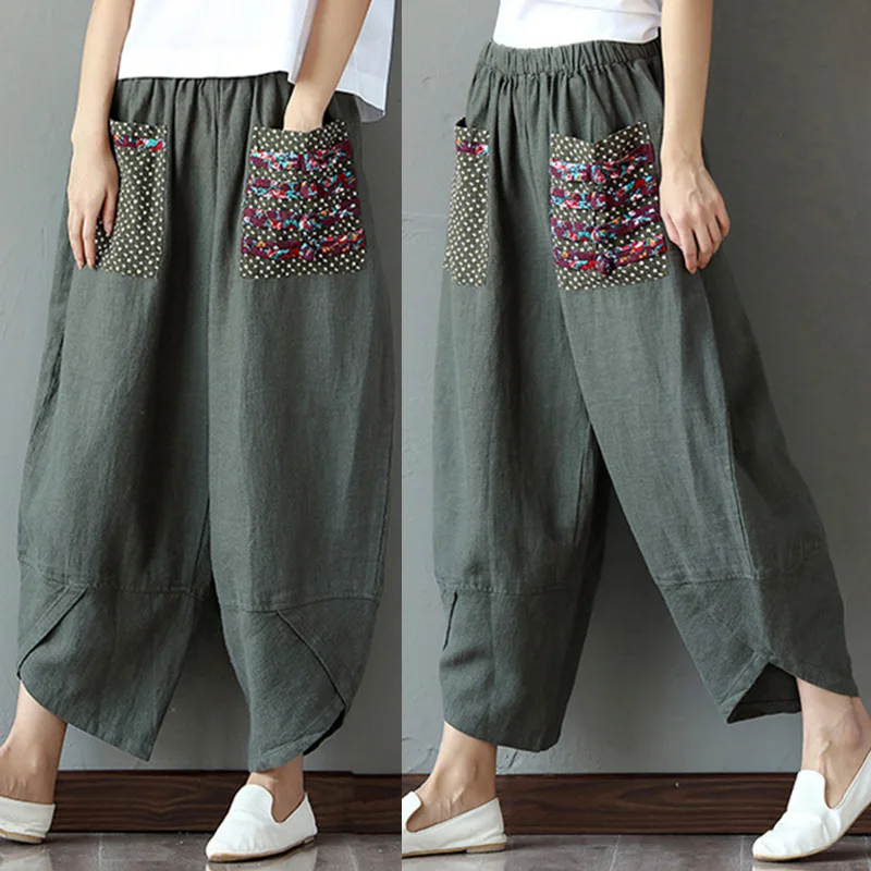 Wide Leg Harem Pants Trousers 2020 Chinese Style Women Ethnic Vintage Patchwork Elastic Waist  Loose Long Yoga Pants