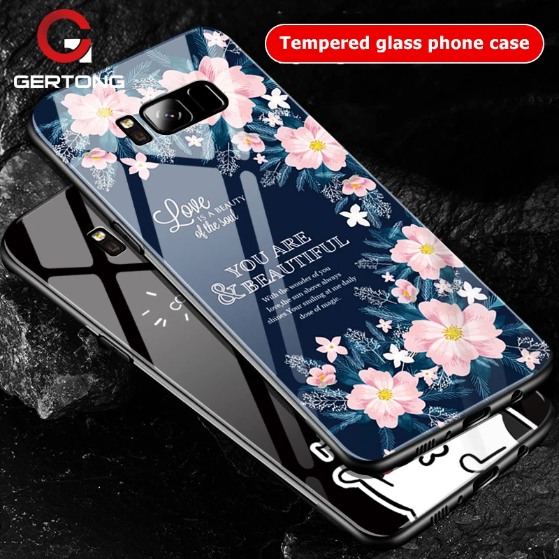 

GerTong Tempered Glass Case For Samsung Galaxy S9 S8 Plus Note 8 Back Cover Flowers Cartoon Pattern Case PC Silicone Frame Capa