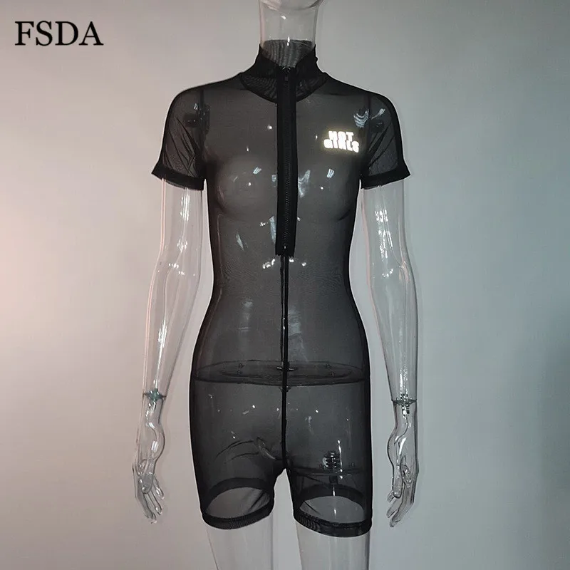 FSDA Mesh Perspective Black Playsuit Slim Fit Zipper Reflective Sport Women Summer Jumpsuits FSDA Mesh Perspective Black Playsuit Slim Fit Zipper Reflective Sport Women Summer Jumpsuits