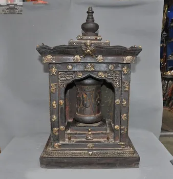

christmas Old Tibet Temple Wood inlay Bronze Tantra Buddha Shrines blessing Prayer Wheel New Year