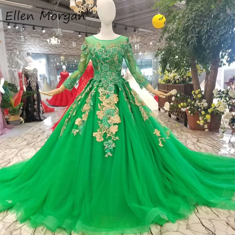 

Saudi Arabian Muslim Evening Dresses Green Long Sleeve Elegant 2019 Boat Neck Applique Tulle Formal Party Ball Gowna For Wowam