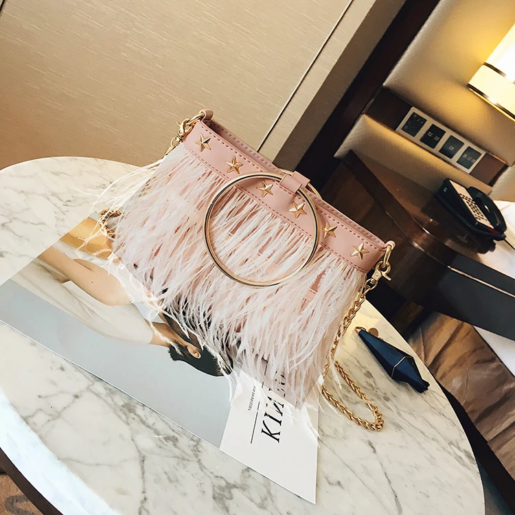 

LXTAZG Fashion Famous Designer Brand Small Women feather Handbags luxury rivet Shoulder Bag Chain clutch Purses Messenger Bag