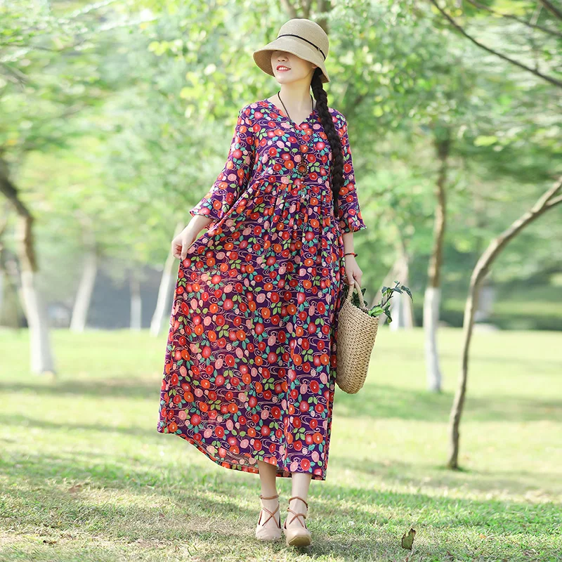 

Fashion 2019 New Women Dresses Casual Cotton Linen Summer Dress Loose V-Neck Print Floral Chinese Style Vintage Dress