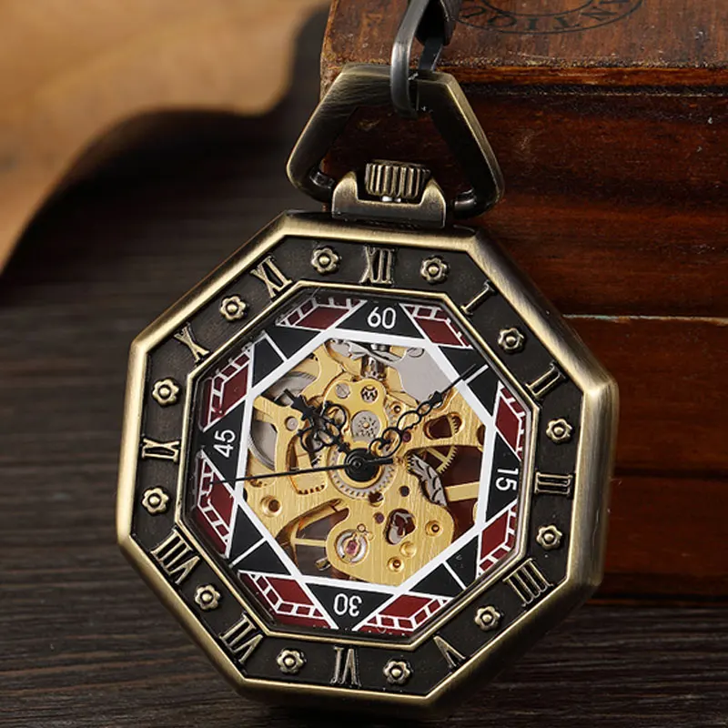 

Antique Delicate Engrave Octagon Mechanical Pocket Watch For Men Steampunk Skeleton Fob Hand Watch Bronze Chain Necklace Clock