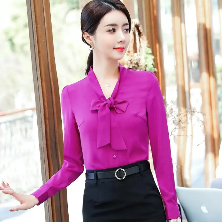 Long sleeve Purple Новые Модные Элегантные женские блузки с длинным рукавом и галстуком-бабочкой, шифоновая блузка для офиса, для девушек, Формальные Топы размера плюс, блузы - Цвет: Long sleeve Purple