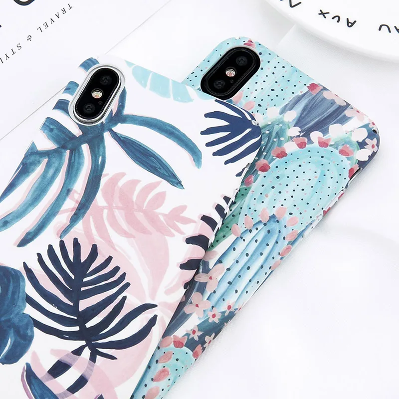 USLION Candy Color Leaf Case For iPhone XR XS MAX X Green Cactus Flower Phone Cases For iPhone 8 7 6 6S Plus Hard PC Full Cover