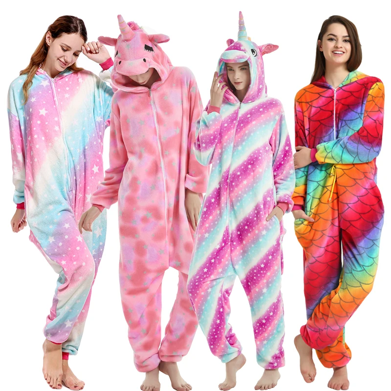 

Pink Unicorn Pajamas Sets Flannel Cartoon Adults Animal Pajamas Winter Nightwear Kugurumi Onesies Sleepwear for Women Men Pyjama