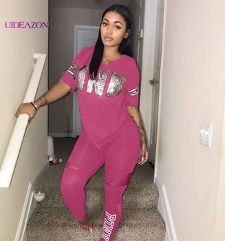 

UIDEAZONE Pink Letter Print Women Tracksuits Two Piece Set Plus Size O-neck T-Shirt And Pants Set Suits Casual 2 Piece Set