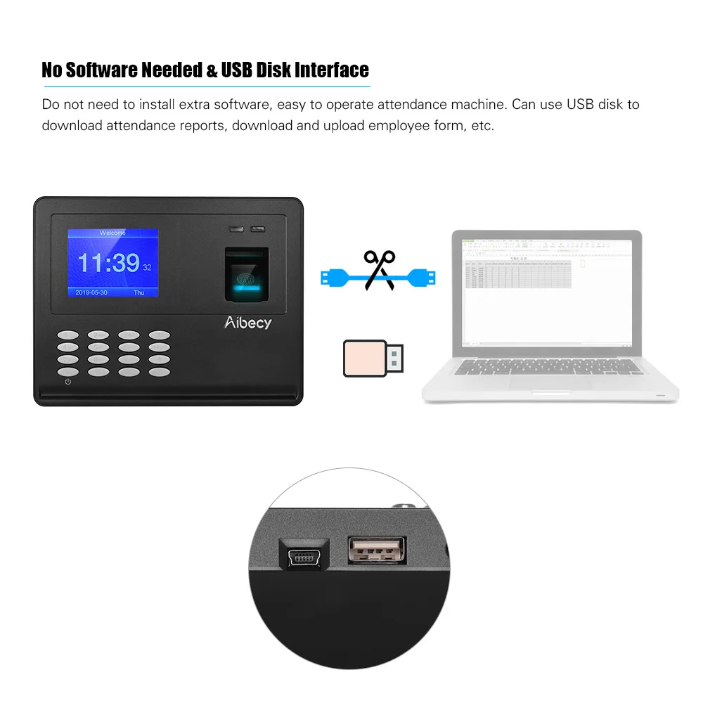 Aibecy Biometric Fingerprint Password Time Attendace Machine Employee Checking-in Time Clock Recorder Reader