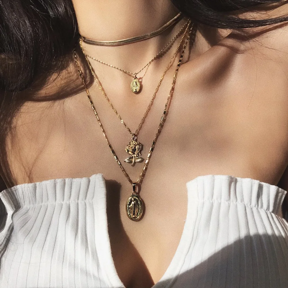 

MAA-OE Multi layer Virgin Mary Choker Pendant Necklace Set For Women Flower Drop Snake Chain Necklaces Jewelry Dropshipping