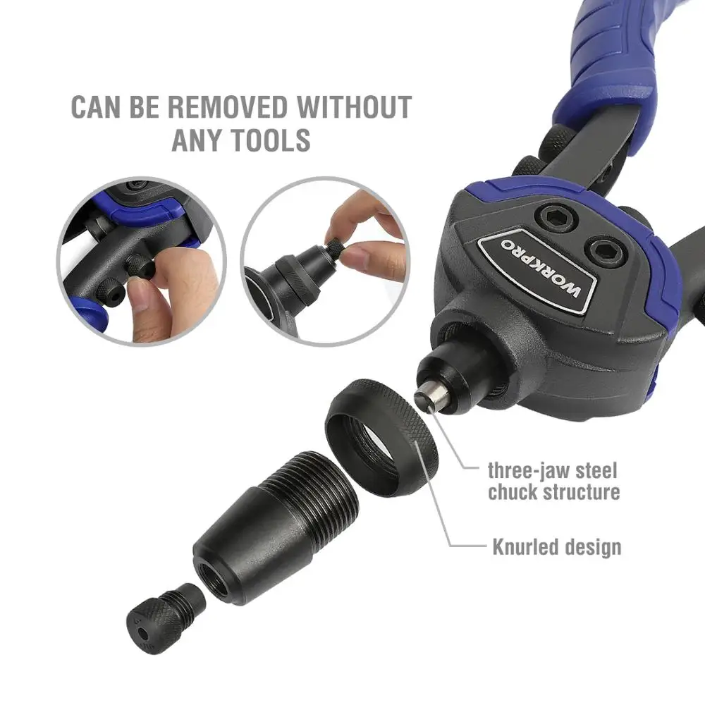 WORKPRO 10" Hand Riveter Rivet Nut Guns Riveter Gun with 5 Replaceable Nosepieces
