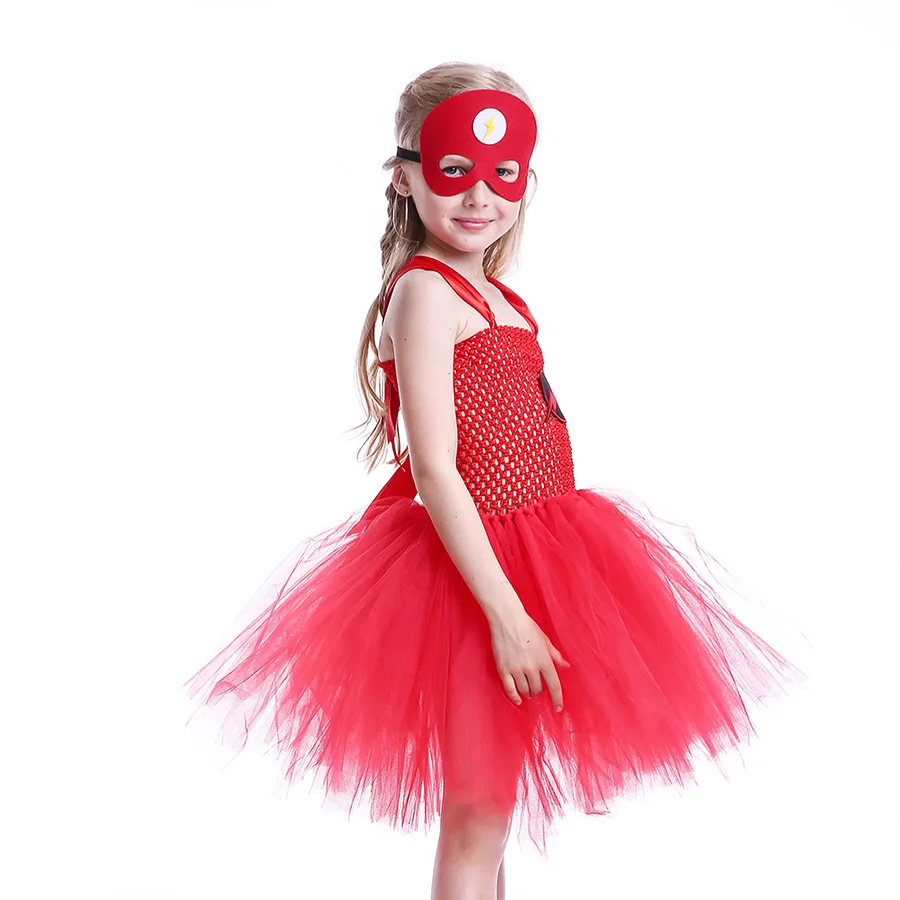 Girl Flash Halloween Tutu Dress with Mask Kids Red Superhero Cartoon Outfit Children (6)