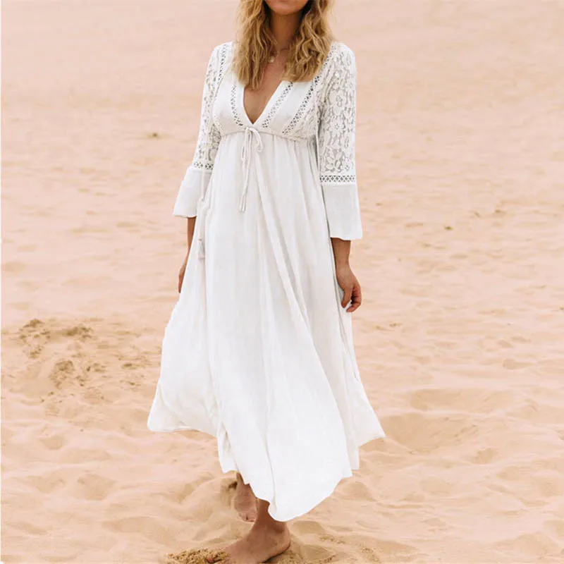 Günstige [NODELAY] Frauen Spitze Häkeln Bikini Cover Up Lang Bademode Pareo Strand Tunika Kleid Weiß Sexy Robe Baumwolle Bade anzug Kaftan