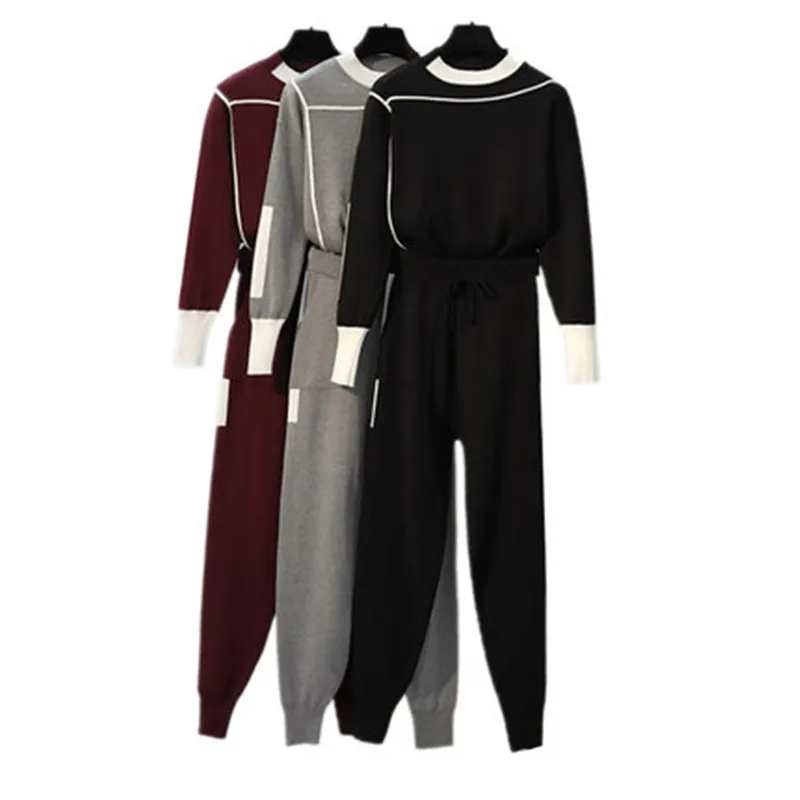 

Plus size women suit new winter casual Sportswear two-piece autumn knitted sweater Loose Long sleeve sweater top+pants sets 376
