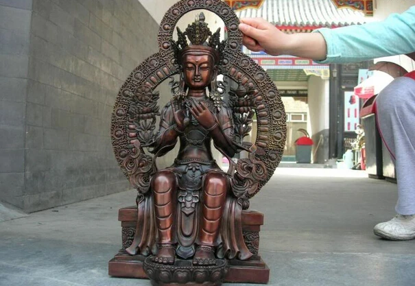 

150401 S1098 22 Tibet Fane Red Bronze Carved Sit Maitreya Bodhisattva Kwan-yin Buddha Statue