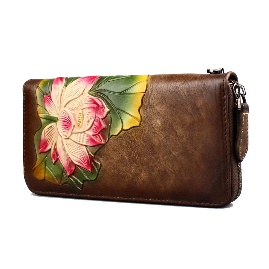 Кофе Модный винтажный женский кошелек Lotus из натуральной кожи, Длинный кошелек на молнии, женский клатч, высокое качество, Женский кошелек из натуральной кожи - Цвет: Кофе