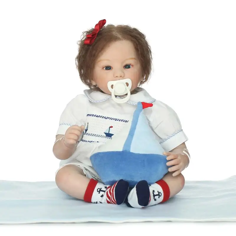 

22" Reborn Baby Doll with Blue Eyes of High Grade Silicone Reborn Dolls with Hand Rooted Mohair in Lovely Navi Clothes as Gifts