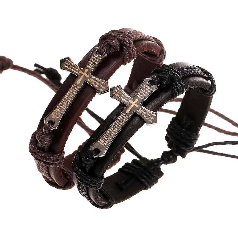 

Fashion Men's Simple Alloy Scripture Cross Bracelet Student Personality Vintage Handmade Woven Accessories Adjustable Jewelry