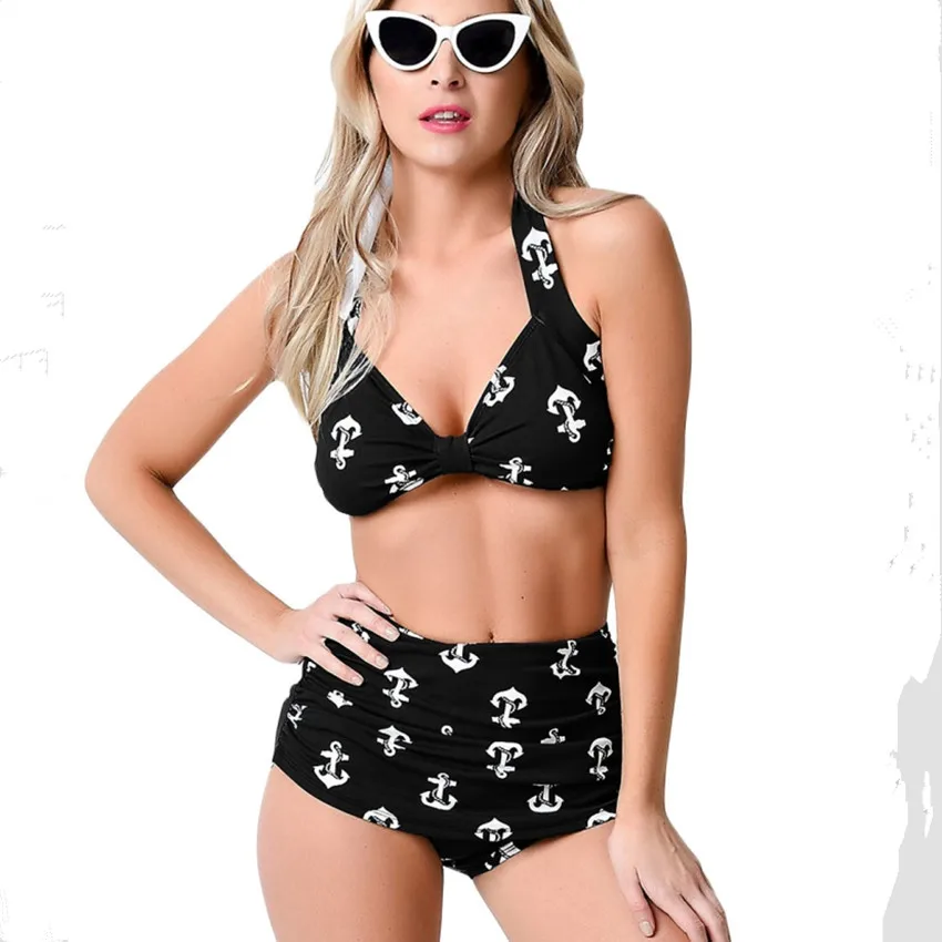 S-2XL Retro 1950s Black Anchors Halter Sailor High Waist Swimwear Ruched Marilyn Swimsuit Push Up Padded Plus Size Bathing Suit plus-size-black-swimsuit : image S-2XL Retro 1950s Black Anchors Halter Sailor High Waist Swimwear Ruched Marilyn Swimsuit Push Up Padded Plus Size Bathing Suit plus-size-black-swimsuit