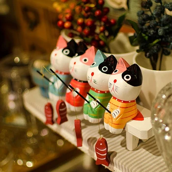 

Original wooden painted lovers living room cabinet Hand made Wood Crafts small fishing cats office home decoration gift