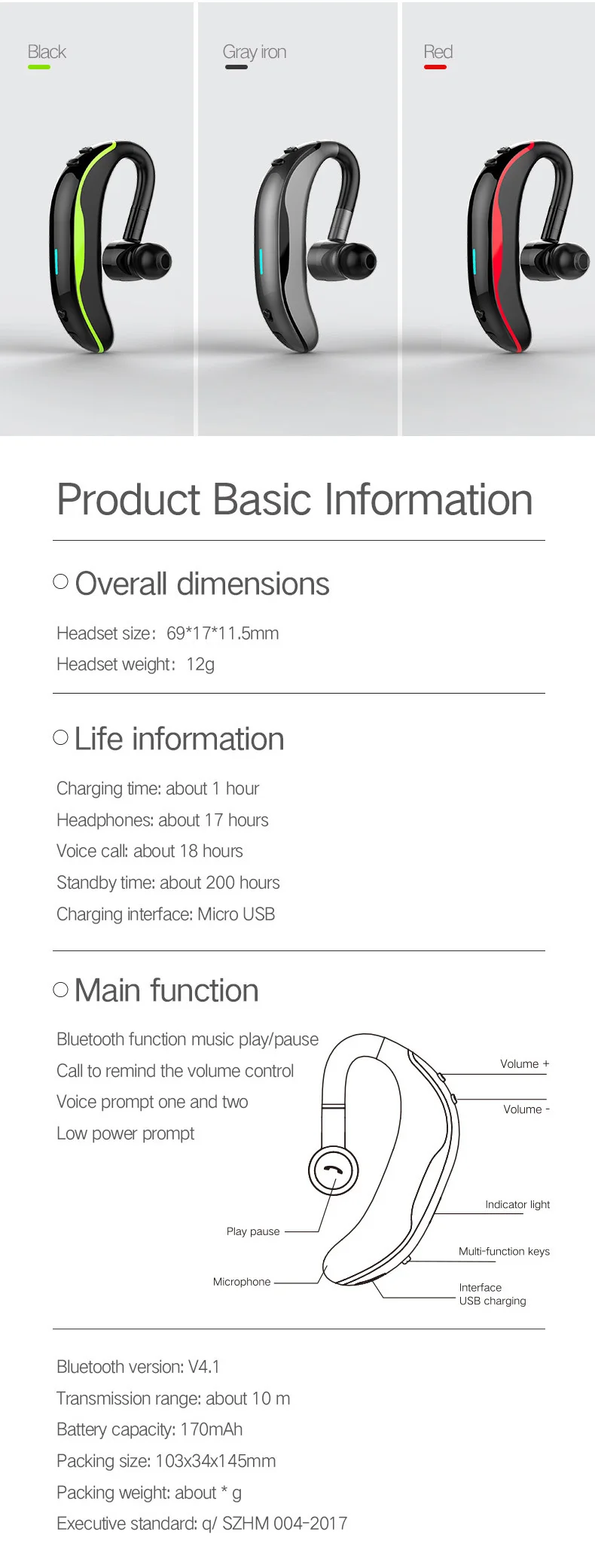 Bluetooth-гарнитура, деловые наушники V4.1Stereo с микрофоном, громкой связи звонки, музыка, ушные крючки, спортивные наушники для IPhone Xiaomi