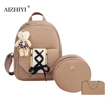 

3pcs/Set Women Cute Soft PU Tie Backpack Round Small Shoulder Bags Teenage Girls Four Pieces Tote Bag Crossbody Card Bag 2019