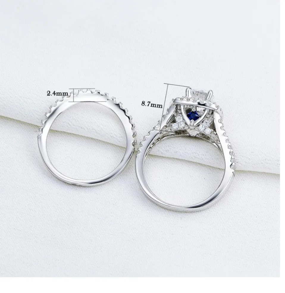 2 Pcs Solid 925 Sterling Silver Women Wedding Ring Set Victorian Style Blue Side Stones