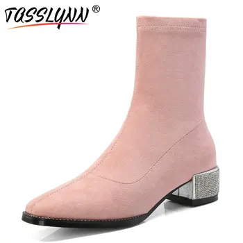 

TASSLYNN 2019 Women Shoes Crystal Ankle Boots Kid Suede Flock Zipper Square Toe Square Med Heels Women Winter Boots Size 34-40
