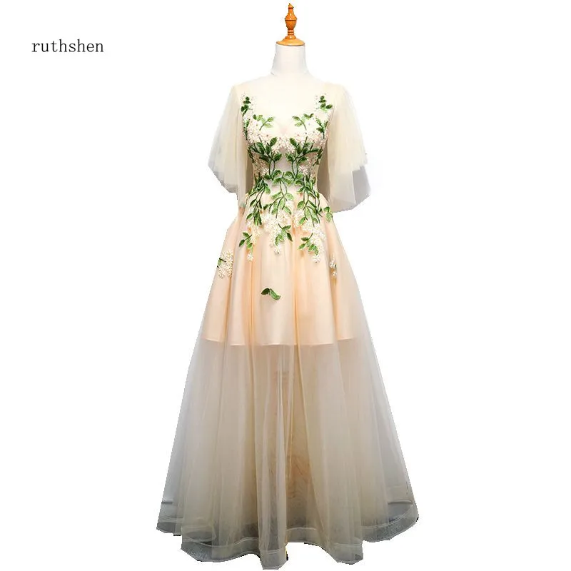 Ruthshen v образным вырезом для выпускного платья с короткими рукавами Vestido Пром Largo
