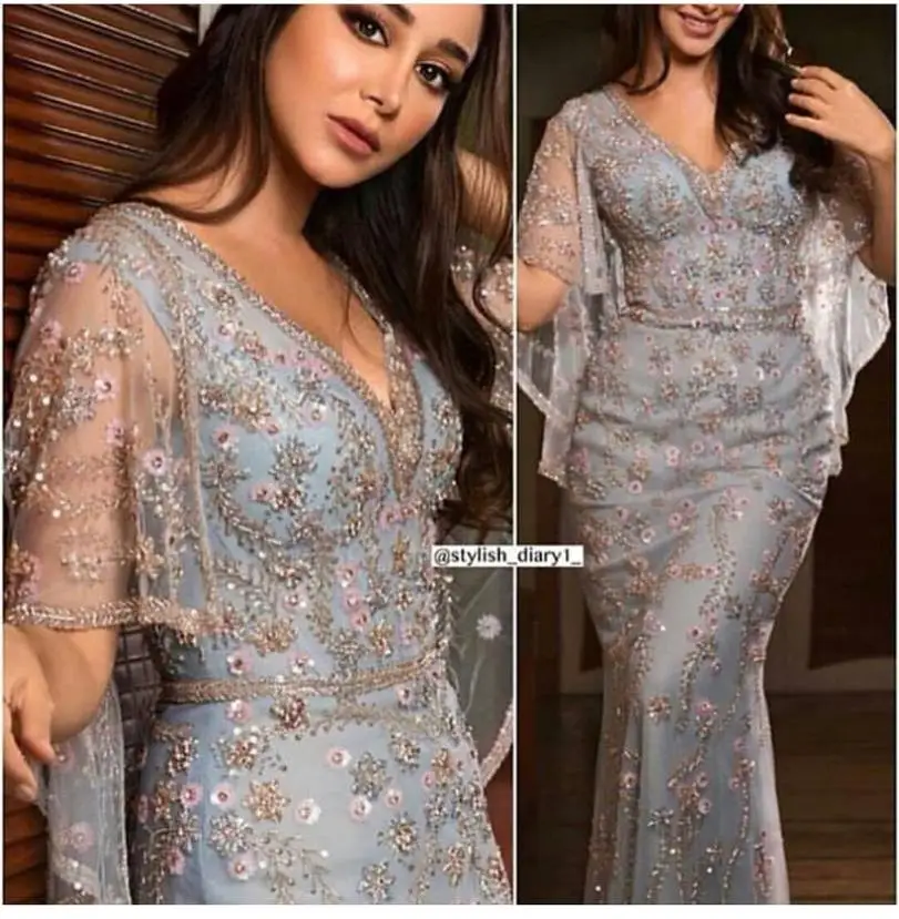 

VARBOO_ELSA Luxury Crystal Hand Made Evening Dress 2018 Elegant Mermaid Prom Dress Long Champagne Tulle robe longue Dubai Dress