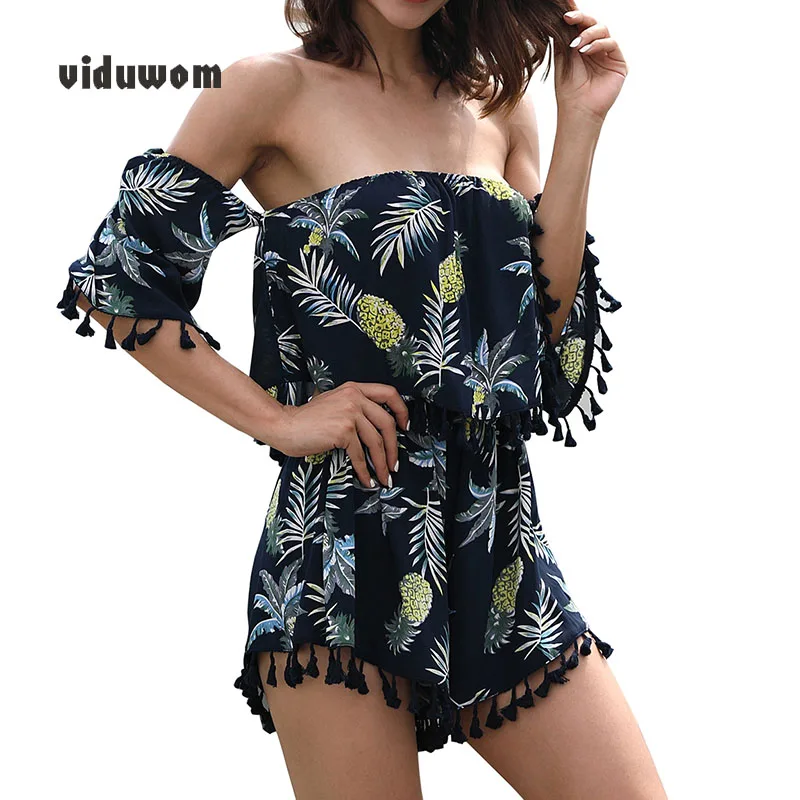 

Women Summer Rompers Ladies Casual Playsuit Fashion Bohemian Floral Printed Jumpsuit Ladies Slash Neck Beach Bodycon Jumpsuits