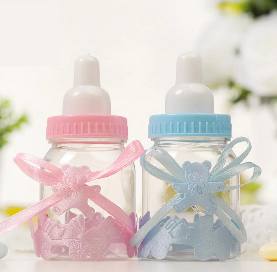

12pcs Plastic Feeding Bottle Bear Ribbon Chocolate Candy Box Boxes For Wedding Party Baby Shower Favor Gift Flower Decoration