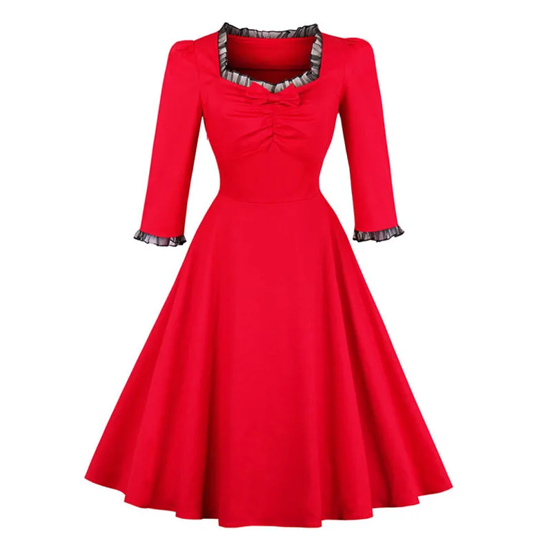 Sisjuly 1950s Vintage Dresses Autumn Bowknot Mid Calf Patchwork Elegant