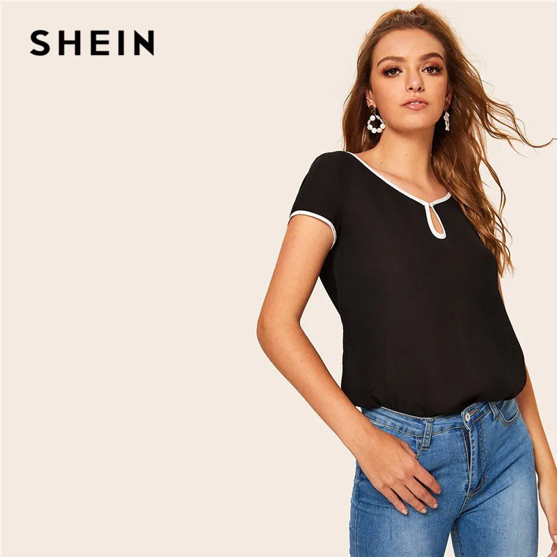 

SHEIN Black Contrast Binding Keyhole Front Blouse Ladies Tops Summer Short Sleeve Weekend Casual Womens Tops And Blouses