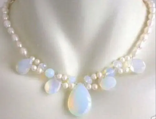 

Free shipping@@@@@ Free shipping rare opal drops pendant & white FW pearl necklace 17" &aa **A good