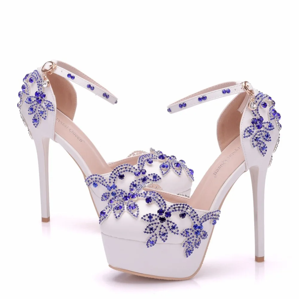 

2018 New White Flower Wedding Sandals Women Shoes Crystal Women Peep Toe High Heels 14CM Sweet Ladies Platform Ankle Strap Shoes