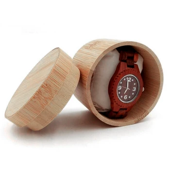 

Elegant Bamboo Watch Gift Box Jewelry Display Cylindric Storage Case With Pillow