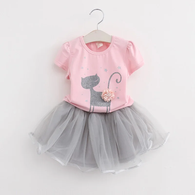 Повседневные платья для девочек; Новая летняя детская одежда; модное милое бальное платье с рисунком для девочек; платье принцессы с круглым вырезом и принтом кота - Цвет: Pink-AZ236