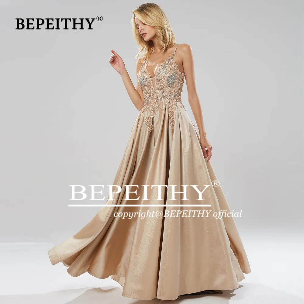 BEPEITHY, блестящее длинное вечернее платье цвета шампанского, вечерние, элегантное, кружевное, с лифом, сексуальное, с открытой спиной, платье для выпускного вечера, vestido de festa