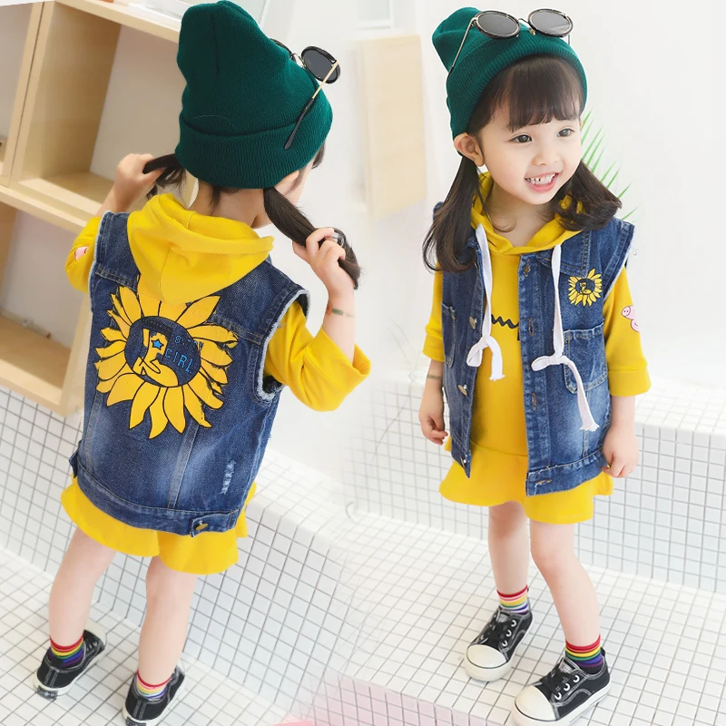 

baby girls 2-piece-sets 2-7 years old Kids Sunflower denim vest+Hooded sweater girls gift Casual Washed holes Printed letters
