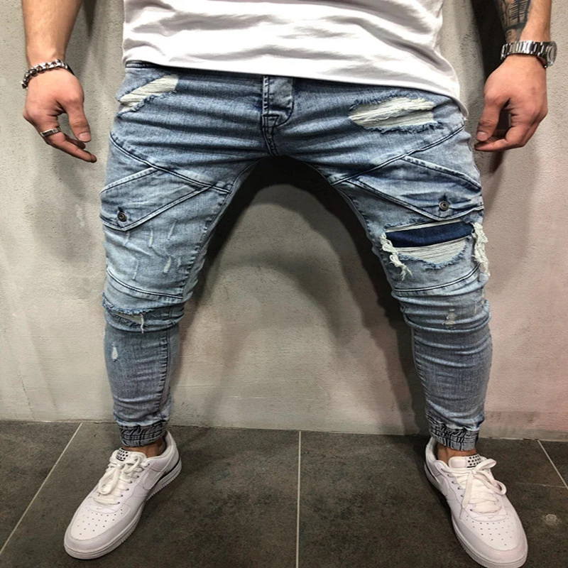 Новые модные мужские рваные мужские байкерские джинсы с дырками, облегающие джинсовые штаны высокого качества, мужские джинсы в стиле хип-хоп