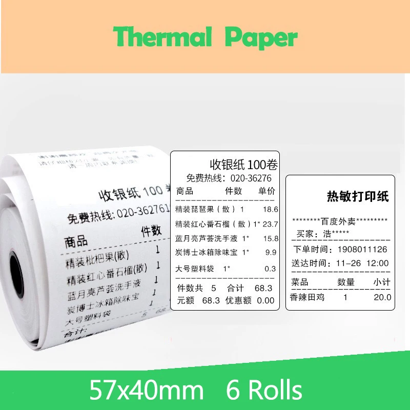 

57x40mm 6PCS Thermal paper Receipt printer paper POS printer 58mm paper for Mobile POS mobile printer paper