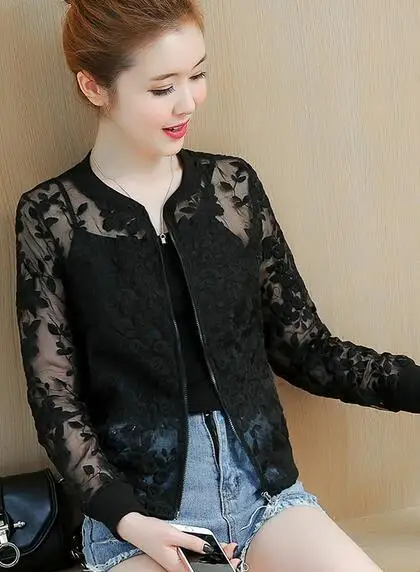 

Womens Embroidery Floral Round Neck Long Sleeves Organza Cardigan Coat HOT Black White Short Jacket Streetwear