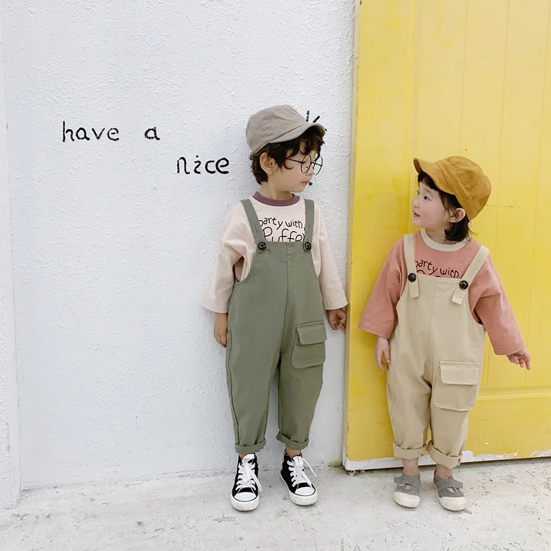 Coreano das Crianças para Meninas de Moda Meninos da Criança Jumpsuit Ocasional Macacão Bolso Grande Calças 2 3 4 5 6 7 Anos Crianças Macacões Novo 13 High Quality Mamãe e Bebê