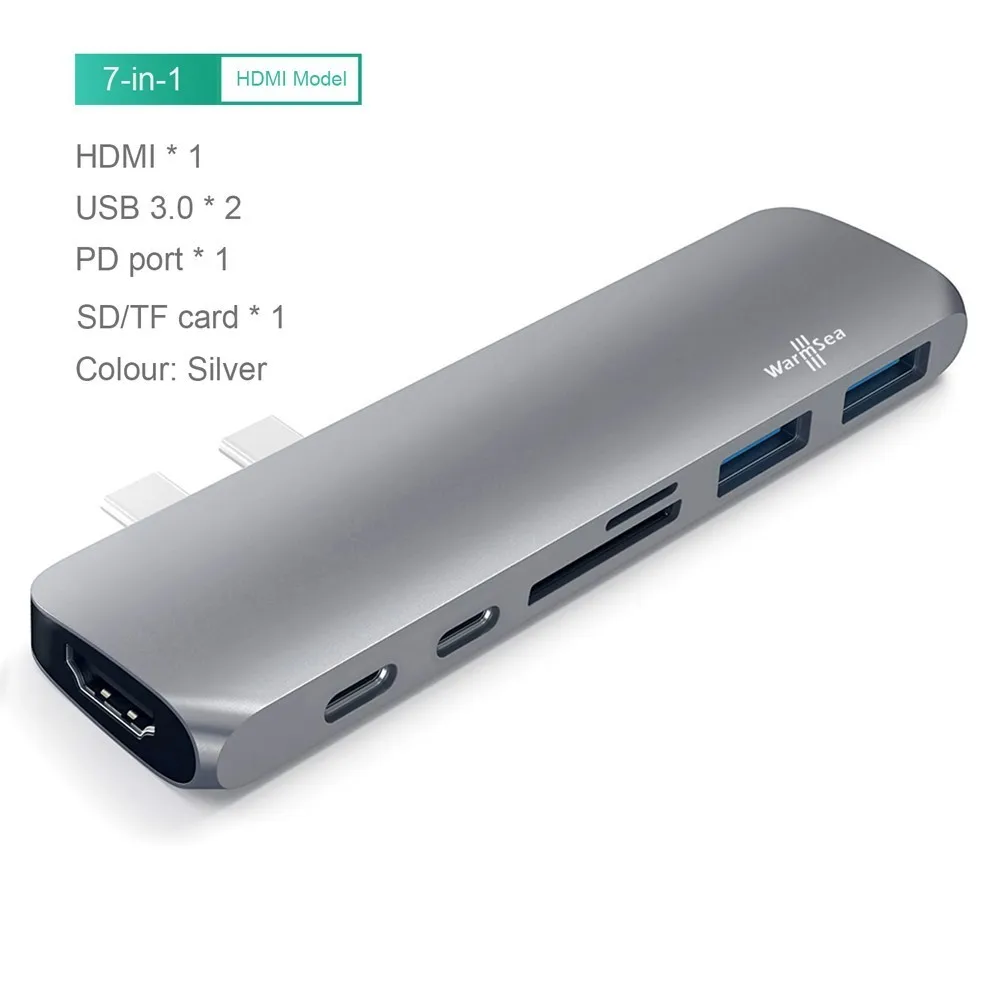 USB C концентратор type C адаптер HDMI 4 K Thunderbolt 3 сплиттер USB-C док-станция с USB 3,0 TF считыватель SD карт PD RJ45 для MacBook Pro Air - Цвет: Серебристый