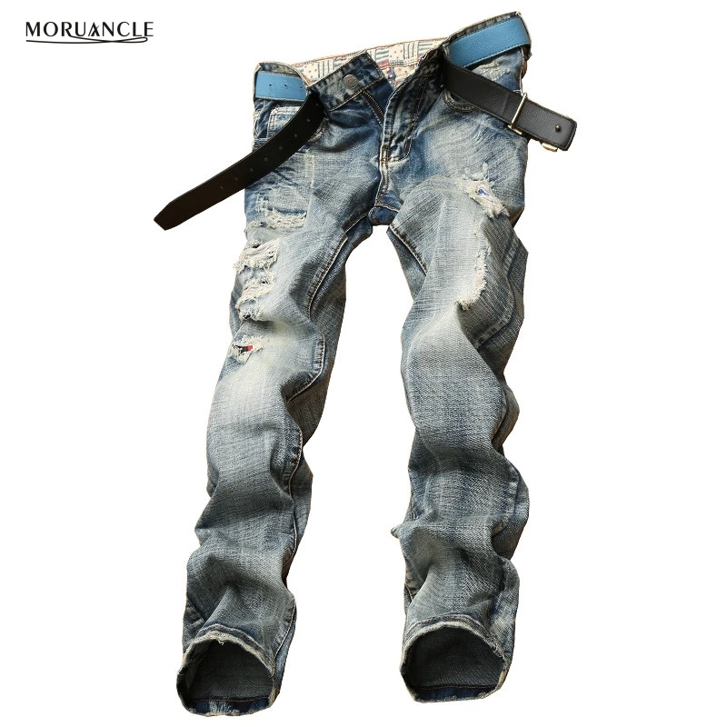 Fashion Vintage Mens Ripped Jeans Pants Slim Fit Distressed Denim Joggers Brand Designer Destroyed Torn Jeans