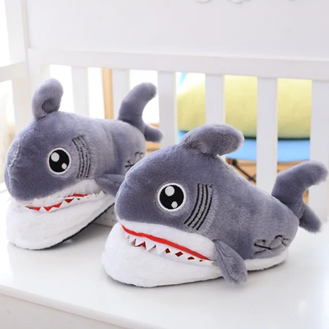 Funny Shark slippers for girls Winter Flock Short plush House shoes women Cute cartoon Bedroom slippers Flat with Soft
