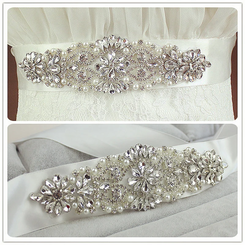 

Real Satin Wedding Belt Crystal Long Bridal Belts with Crystals Wholesale Wedding Sash Crystal Pearls SPN006