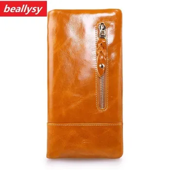 

New Women Oil Wax Leather Long Wallet Card Coin Holder Money Clip Long Clutch Wristlet Trifold Zipper Cash Famous Brand Purse